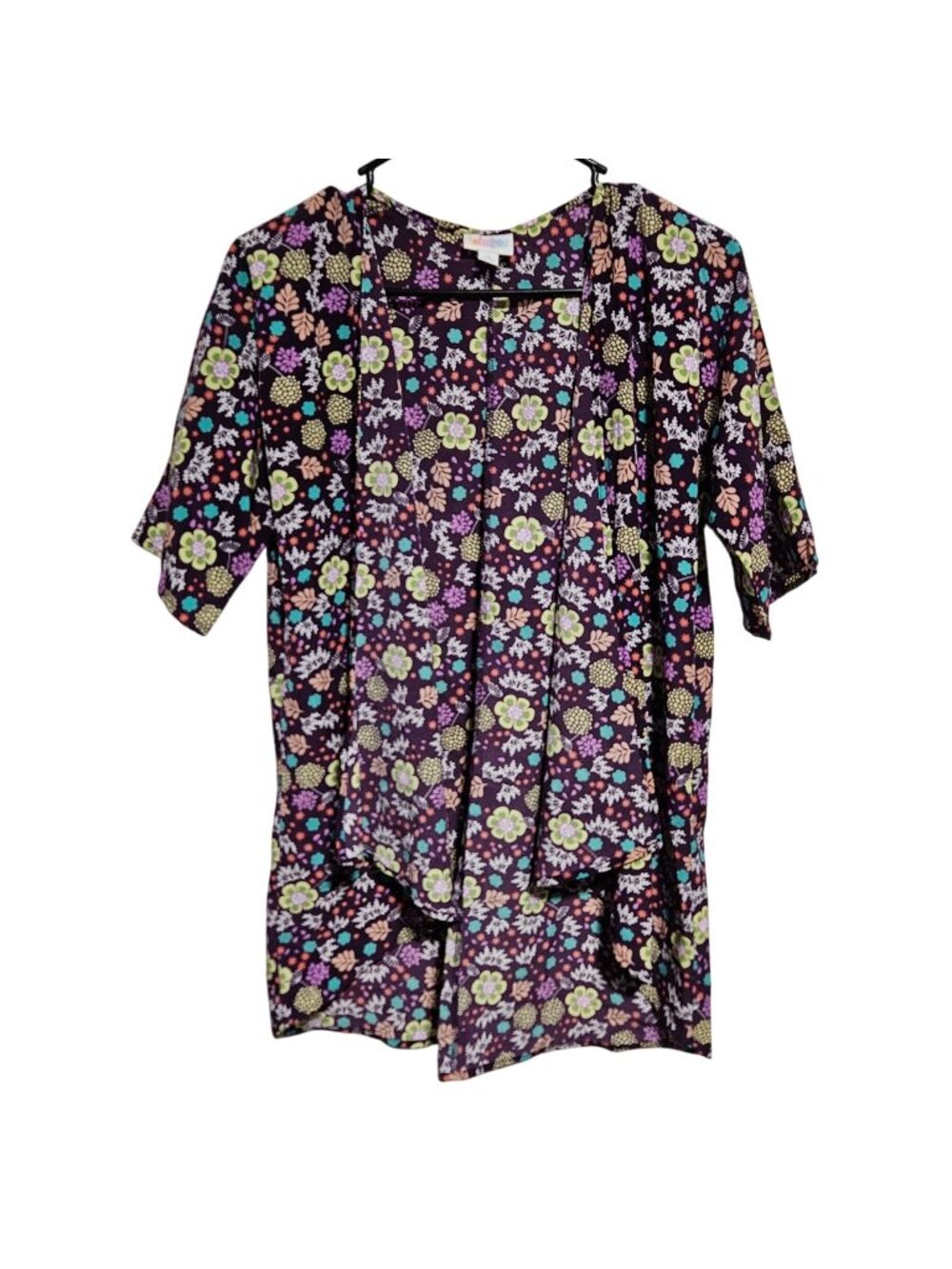 LuLaRoe Cardigan Womens Size 3 Purple Floral Open  Kimono Style Top Short Sleeve